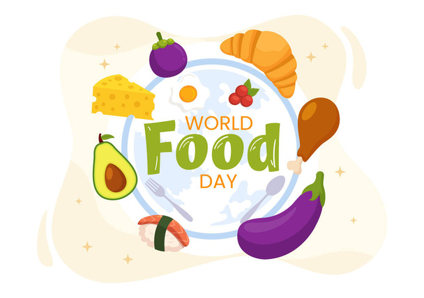 Illustrazione vettoriale della Giornata mondiale dell'alimentazione il 16 ottobre con vari alimenti, frutta e verdura in modelli di sfondo disegnati a mano dai cartoni animati piatti - Vettoriali, immagini