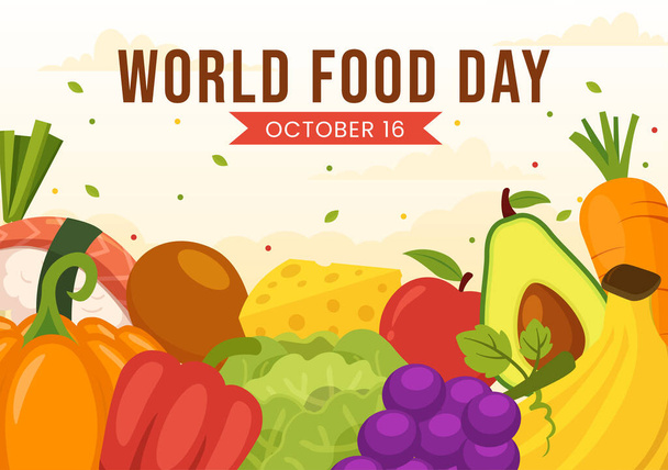 Ilustração do vetor do dia mundial da alimentação em 16 de outubro com vários alimentos, frutas e vegetais em modelos de fundo desenhados à mão de desenhos animados planos - Vetor, Imagem