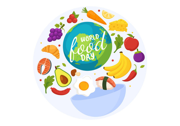 Векторная иллюстрация ко Всемирному дню продовольствия 16 октября с различными продуктами питания, фруктами и овощами в плоском мультипликационном ручном рисунке - Вектор,изображение