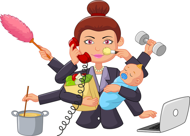 Γελοιογραφία multitasking νοικοκυρά - Διάνυσμα, εικόνα