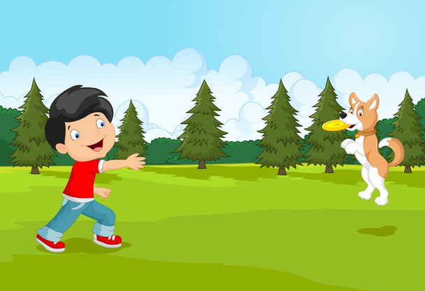 Desenhos animados menino jogando Frisbee com seu cão
 - Vetor, Imagem