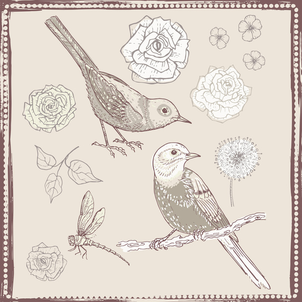 Hand drawn vintage flowers and birds set - Vector, Image