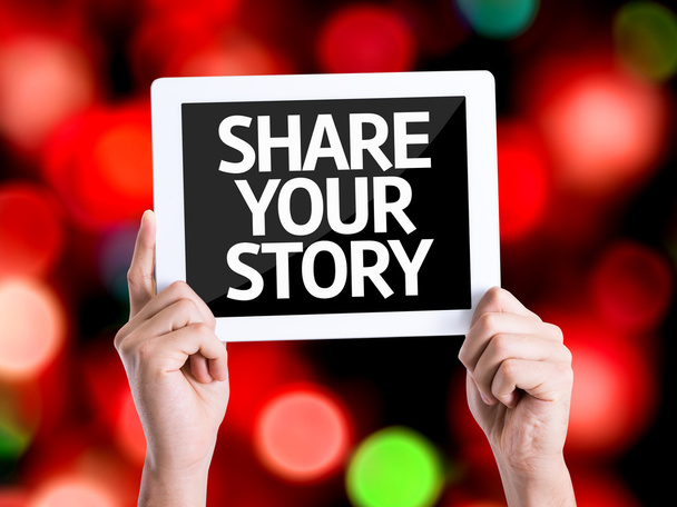 Tablet pc z tekstu Share Your historia - Zdjęcie, obraz