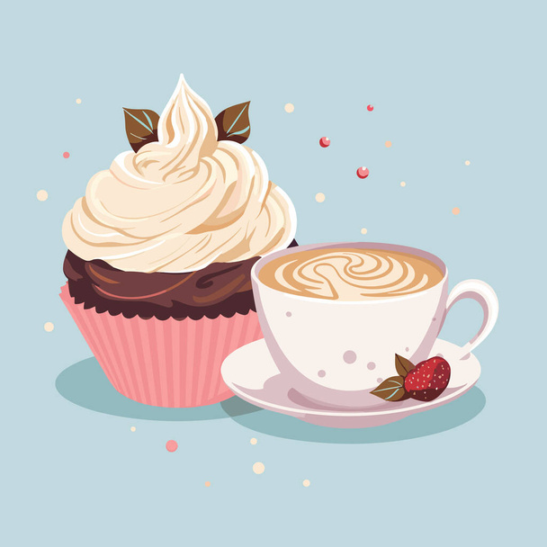 Ένα φλιτζάνι καφέ και ένα κέικ σε ένα πιάτο, διανυσματική απεικόνιση. Επιδόρπιο, καφές, κέικ. - Διάνυσμα, εικόνα