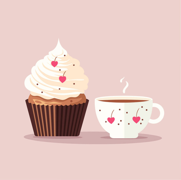 Ένα φλιτζάνι καφέ και ένα κέικ σε ένα πιάτο, διανυσματική απεικόνιση. Επιδόρπιο, καφές, κέικ. - Διάνυσμα, εικόνα
