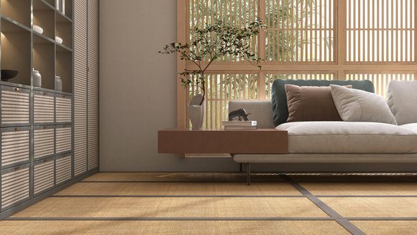 Modern sofa with attached wood side table in sunlight from shoji window, Japanese traditional tatami mat, rattan beige door cupboard for Asian interior design decoration, product background 3D - Foto, Bild