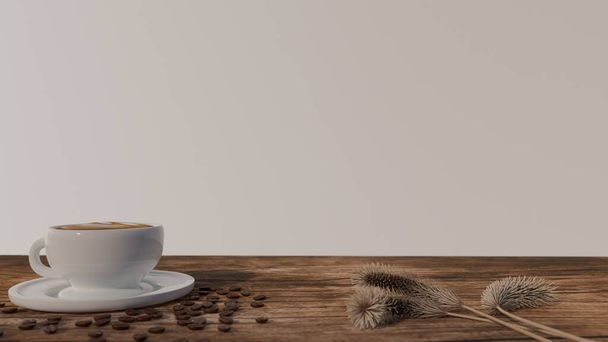 international coffee day background template,cup of coffee and coffee beans against a background of calm tones, with blank space for text, 3d illustration rendering - Photo, Image