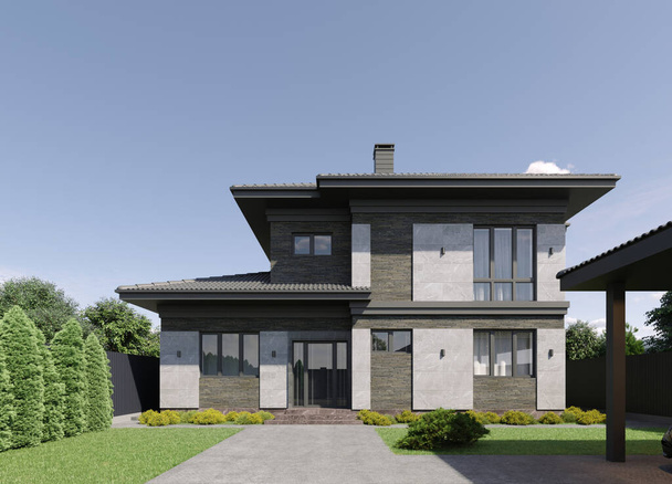 Visualización 3D de una casa moderna. Fachada de ladrillo. Azulejos de porcelana en la fachada. Ventanas panorámicas. - Foto, imagen