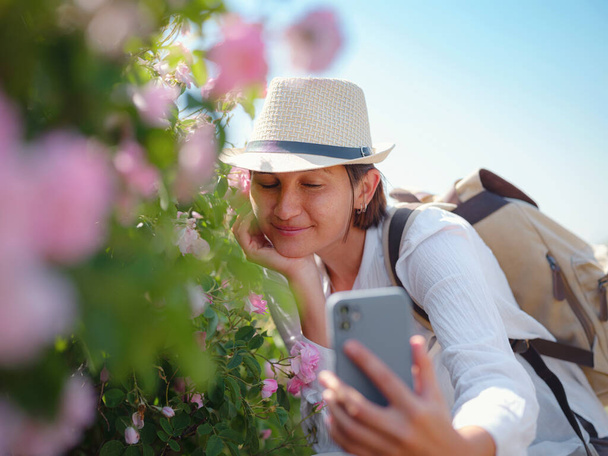 donna godendo l'aroma e fare foto nel suo smartphone in Campo di Damascena rose nella soleggiata giornata estiva. villaggio Guneykent nella regione di Isparta, Turchia un vero paradiso per l'ecoturismo. - Foto, immagini