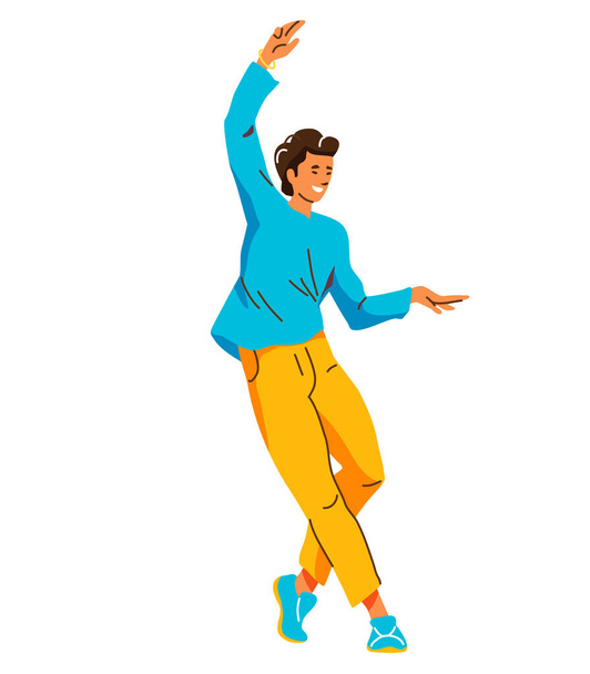 Ilustración vectorial hombre danza. Guapo bailarín masculino en pose de equilibrio. Diseño de estilo de vida juvenil. Aislado sobre fondo blanco. Color brillante. - Vector, imagen