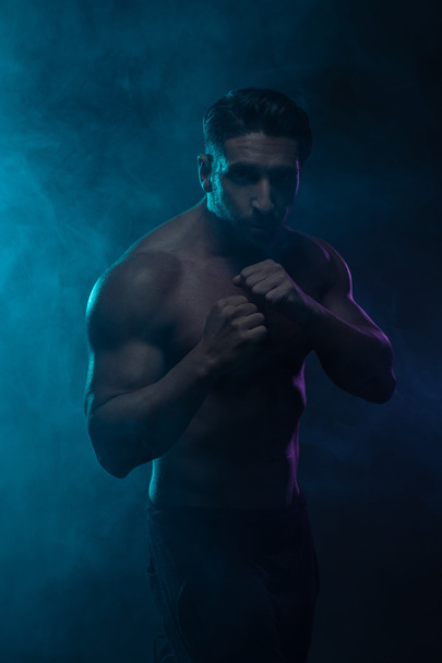 Silhouette homme athlétique seins nus dans une posture de combat
 - Photo, image