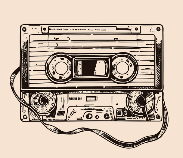 Audio cassette vintage bosquejo dibujado a mano Ilustración musical - Vector, Imagen