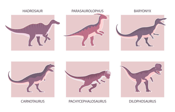 Sada starých masožravých a býložravých dinosaurů. Carnotaurus, hadrosaur, baryonyx. Vyhynulá ještěrka z Jurského období. Paleontologická zvířata. Prehistorický dino. Vektorová ilustrace - Vektor, obrázek