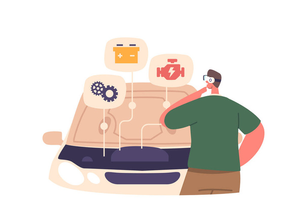 Man Immerses In Virtual Reality, Observing Car Assembly. Virtual Tools And Components Come Together, Offering Immersive And Detailed Insight Into Car Manufacturing Process. Cartoon Vector Illustration - Vector, Image