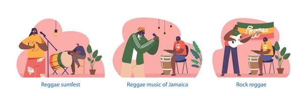 Geïsoleerde elementen met reggae muzikanten die op het podium spelen. Band Exude Infectieuze Energie, Swaying To Rhythmic Beats, het aangaan van het publiek met positieve vibraties door de prestaties. Vector Illustratie - Vector, afbeelding