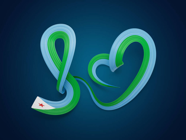 3d Прапор Джибуті Серце у формі блискучої хвилі Стрічковий прапор Синій фон 3d Ілюстрація - Фото, зображення