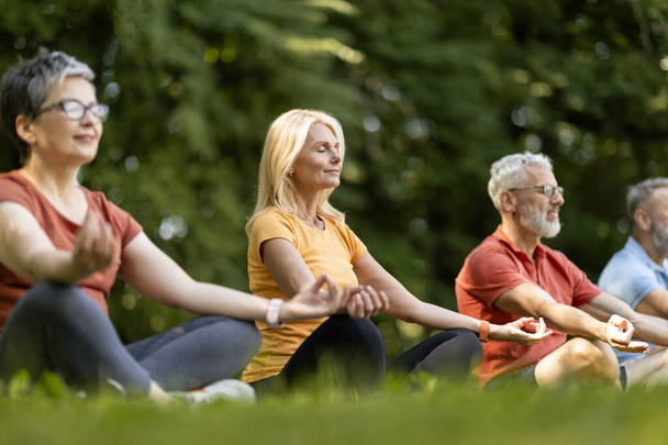 アウトドアヨガクラス。 一緒に公園で瞑想するシニアの人々のグループ, 穏やかな成熟した男性と女性は,目を閉じたロータスの位置に座って,自然の中で朝の瞑想を実践, 自由なスペース - 写真・画像