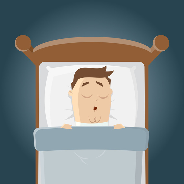 Мультфильм человек спит в своей постели
 - Вектор,изображение