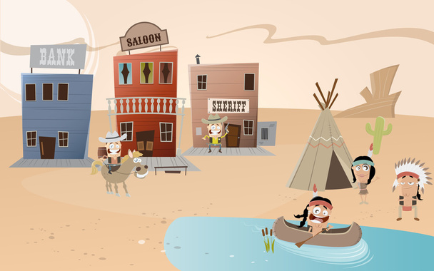 Мультфильм западный город и поселение индейцев
 - Вектор,изображение
