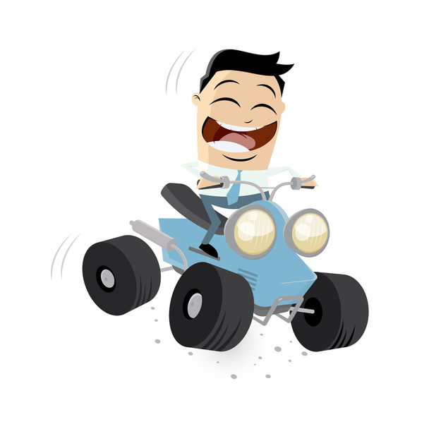 Funny businessman is riding a quad bike - Vector, Image