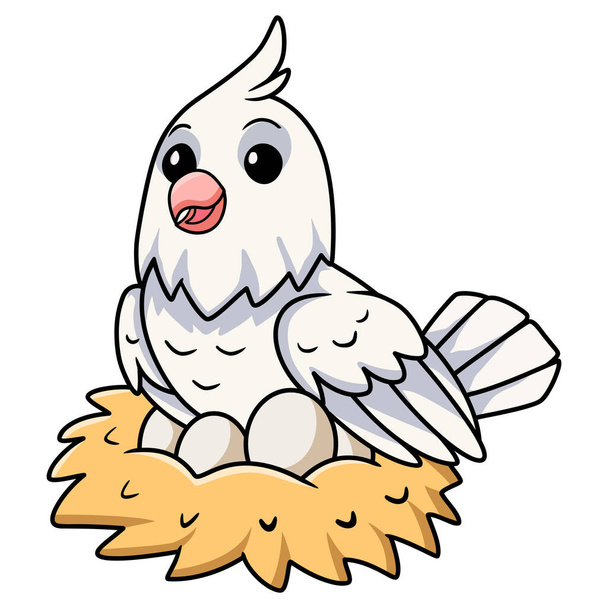 Ilustración vectorial de dibujos animados de pájaro cacatúa albino lindo con huevos en el nido - Vector, imagen