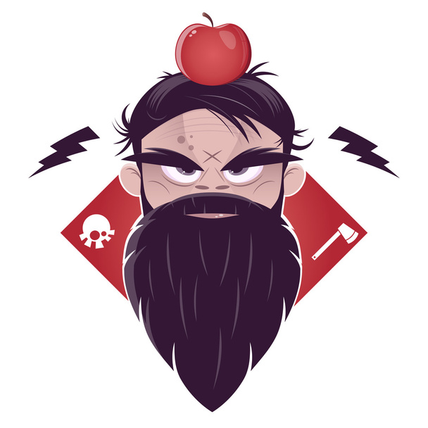 長いひげ、彼の頭にリンゴを持つ悪男 - ベクター画像