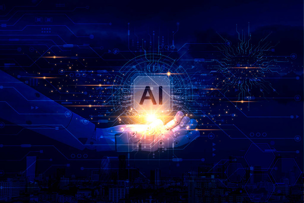 A mão do robô da inteligência artificial está prendendo o símbolo do holograma da tecnologia do AI, a tecnologia gera conceitos de fundo da aprendizagem do AI e do AI, transformação futurista da tecnologia com o chatbot 3D - Foto, Imagem