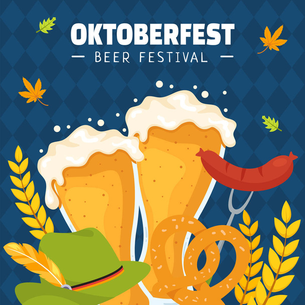 Oktoberfest Birra Festival Social Media Illustrazione Piatto cartone animato disegnato a mano modelli di sfondo - Vettoriali, immagini