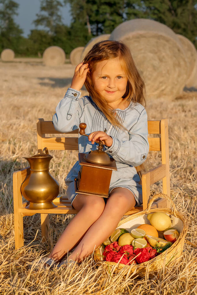 Jolie fille assise à un pique-nique. Plaisirs d'été en famille à la campagne. Vacances d'été - Photo, image