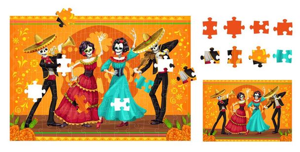 Dia de los muertos Μεξικανοί εορταστικοί χαρακτήρες. Παζλ παζλ κομμάτια παιχνίδι. Διάνυσμα εκπαιδευτικό παιχνίδι φύλλο εργασίας με σκελετούς κινουμένων σχεδίων της Catrina χορευτές και μουσικούς mariachi εκτελέσει εκδήλωση κόμμα - Διάνυσμα, εικόνα