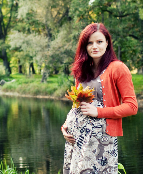 beautiful pregnant woman walking in autumn park - Foto, Bild