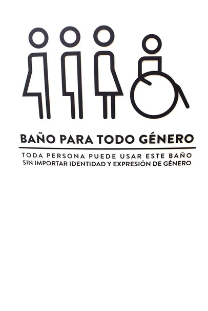 Señal de baños inclusivos para todos los géneros en español con la intención de combatir la discriminación contra mujeres y hombres trans, personas con discapacidad - Foto, Imagen