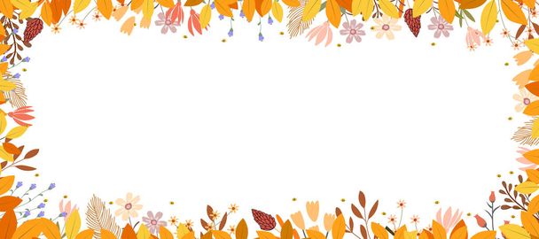 Feuilles d'automne et bordure de fleurs sur fond blanc, Bannière de la saison d'automne avec de jolies fleurs sauvages colorées et cadre de feuilles, Arrière-plan vectoriel pour Thanksgiving, Jour de la récolte - Vecteur, image