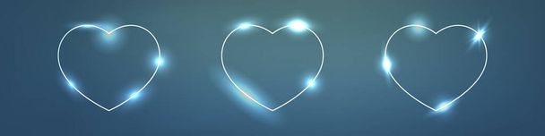 Conjunto de três quadros de néon em forma de coração com efeitos brilhantes no fundo escuro. Vazia brilhante techno pano de fundo. Ilustração vetorial - Vetor, Imagem