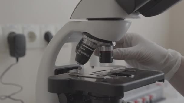 Lab technician adjusting microscope. Close-up. Lab technician working with the microscope. Modern microscope in the laboratory. Conducting research - Footage, Video