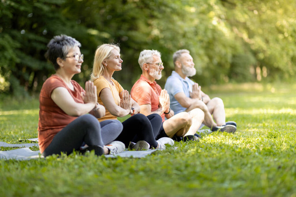 Йога для пенсионеров. Группа зрелых людей, медитирующих на открытом воздухе, улыбающихся спокойных пожилых мужчин и женщин, сидящих в позе лотоса с скрепленными руками, практикующих медитацию, копирующих пространство - Фото, изображение