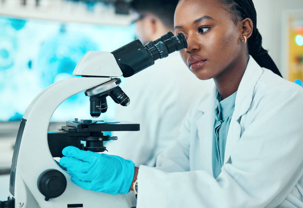 Mikroskop, bilim ve kadın bilim adamı ilaç laboratuarında tıbbi bir çalışmada çalışıyor. Biyoteknoloji ekipmanlarıyla kimya araştırması yapan profesyonel, bilim ve Afrikalı kadın araştırmacı. - Fotoğraf, Görsel