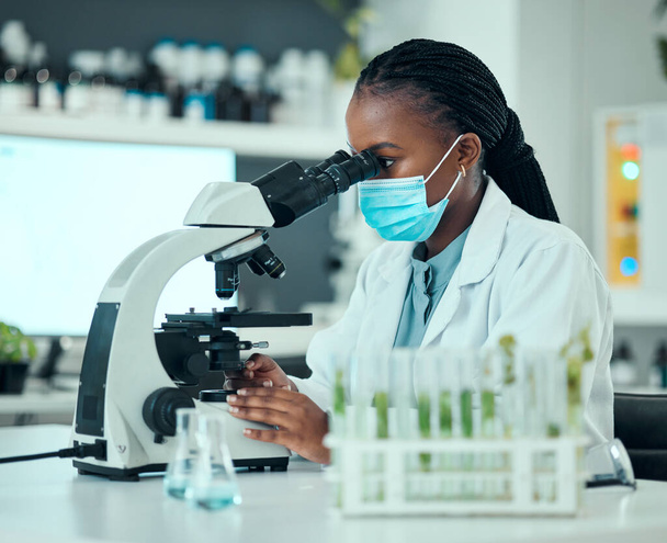Mikroszkóp, gyógyszerész és női tudós arcmaszkkal vírusanalízisre egy laborban. Szakmai, tudományos és afrikai női kutató, aki biotechnológiai berendezésekkel végzett orvosi kutatásokon dolgozik. - Fotó, kép