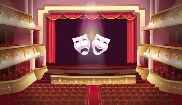 Θέατρο σκηνή εσωτερικό με μπαλκόνια και καθίσματα. Μια θεατρική σκηνή με μια κόκκινη ανοιχτή κουρτίνα και κολώνες και κωμωδίες και μάσκες θεάτρου τραγωδίας. Εικονογράφηση διανύσματος - Διάνυσμα, εικόνα