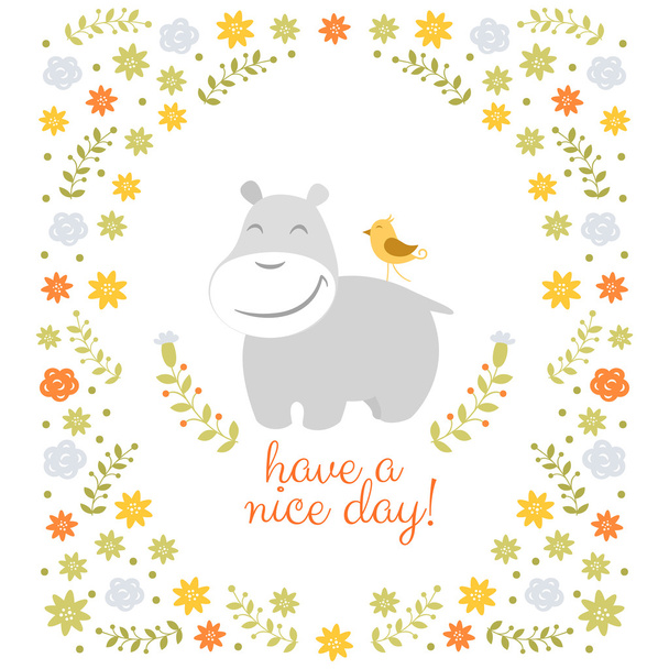 Happy hippo on floral background - Vector, Image