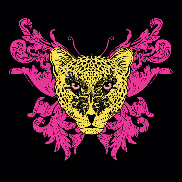 luipaard gezicht en roze vlinder ontwerp voor t-shirt op een zwarte achtergrond. - Vector, afbeelding