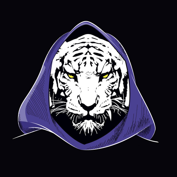 Blauwe capuchon tijger gezicht t-shirt ontwerp geïsoleerd op zwart. Vector illustratie van een middeleeuwse tovenaar katachtige. - Vector, afbeelding
