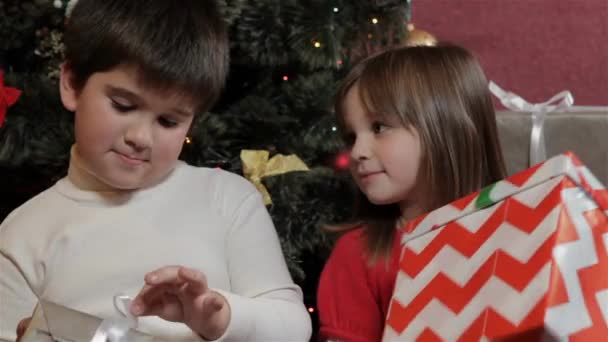 Маленькие дети смотрят на рождественские подарки возле рождественской елки. Маленькая темноволосая девочка с большой полосатой подарочной коробкой в руках. Маленькие дети показывают друг другу рождественские подарки
 - Кадры, видео
