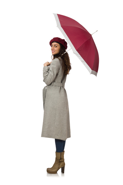 Frau mit Regenschirm isoliert auf weißem Grund - Foto, Bild