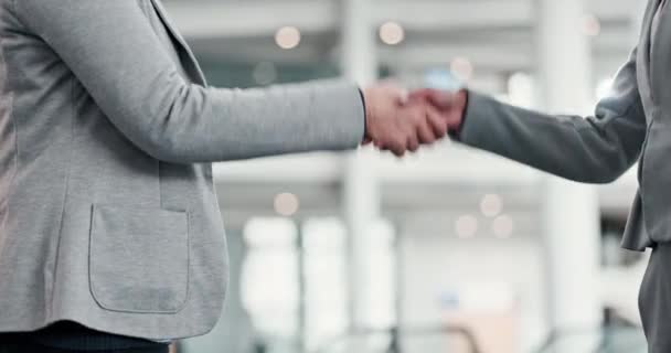 Business people, partnership and staff with handshake, greeting and collaboration with support. Zoom, teamwork and coworkers shaking hands, meeting and welcome with agreement, deal and job promotion. - Footage, Video