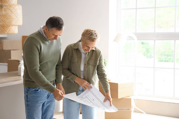 Mature couple with house plan in kitchen on moving day - Photo, Image