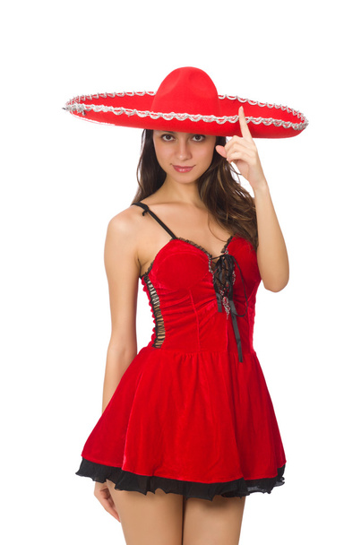 Woman wearing red sombrero isolated on white - Photo, Image