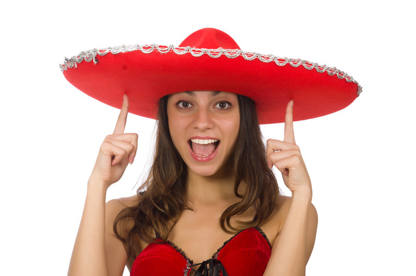 vrouw draagt rode sombrero geïsoleerd op wit - Foto, afbeelding