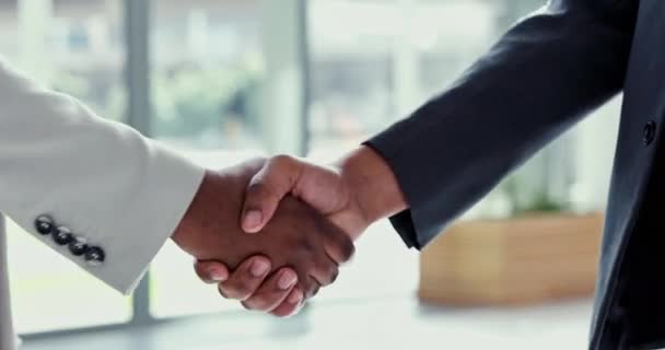 Business people, handshake and meeting in partnership, thank you or deal together at the office. Closeup of employees shaking hands in support, teamwork or agreement and welcome at the workplace. - Footage, Video