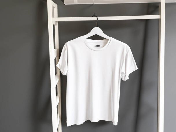 Реалистичный макет футболки, включая черно-белую футболку на вешалке, макет дизайна. Простая хлопчатобумажная футболка макет шаблона. Дисплей с логотипом магазина одежды - Фото, изображение